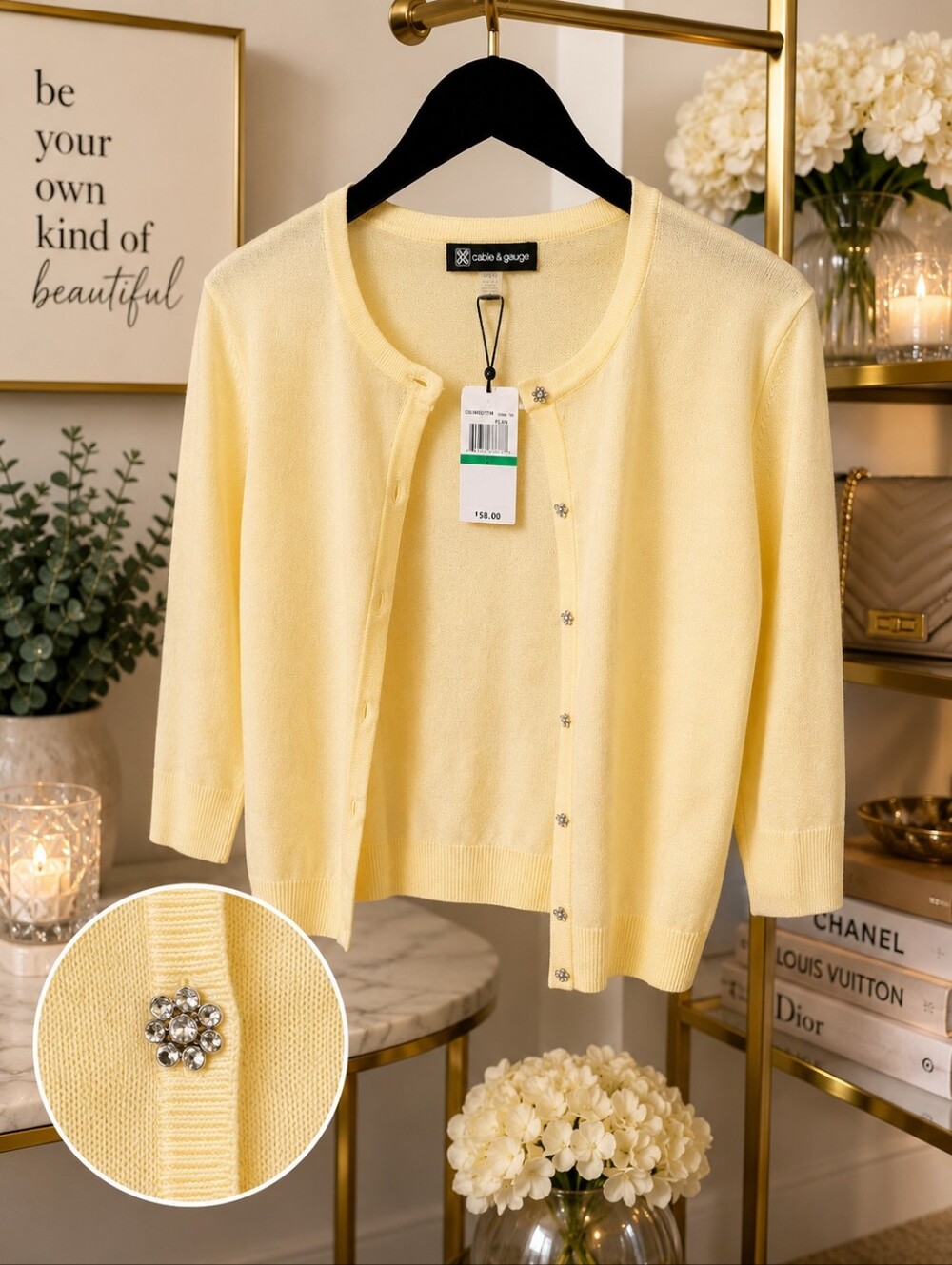 Cable & Gauge Light Yellow Rhinestone Button Cardigan Sweater Size L NWT